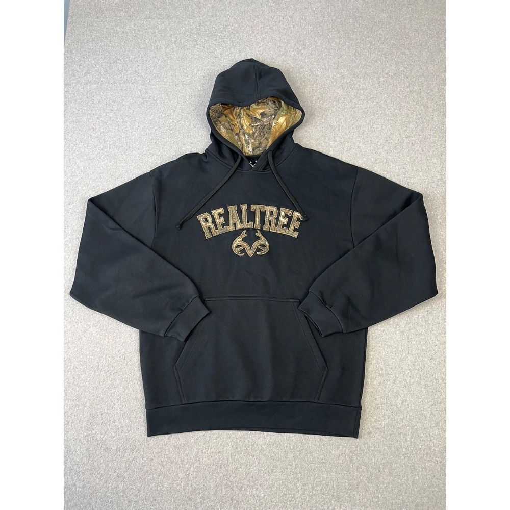 Realtree Sweatshirt Mens L Black Camo Logo Graphic Hooded Hunting Pullover